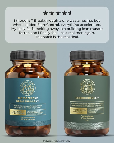 A split-tone product graphic featuring a customer testimonial and two bottles of health supplements.
